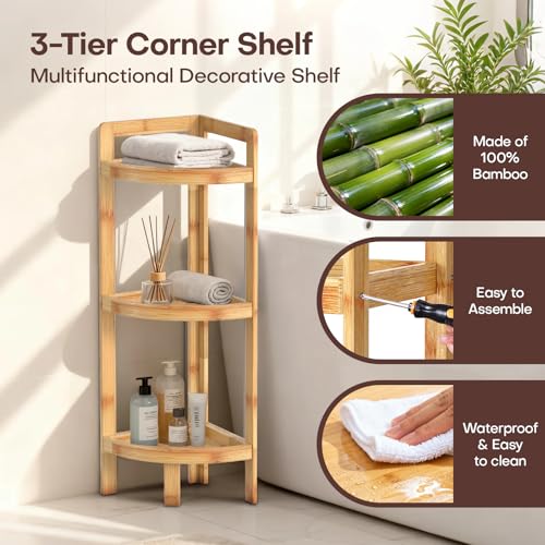 3-Tier Bamboo Corner Shelf, Free-Standing Triangular Storage Rack