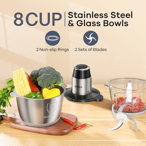 450W Electric Food Processor & Chopper - Dual 8-Cup Glass & Steel Bowls
