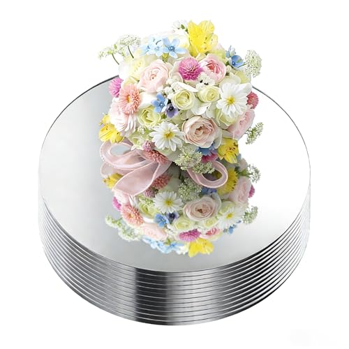 12-Pack 10-Inch Round Acrylic Mirror Centerpiece Trays, 1.5mm Silver