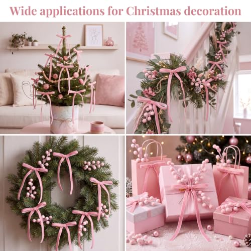 Pink Christmas Tree Decorations Set with Velvet Bows & Berry Picks - 49 pcs
