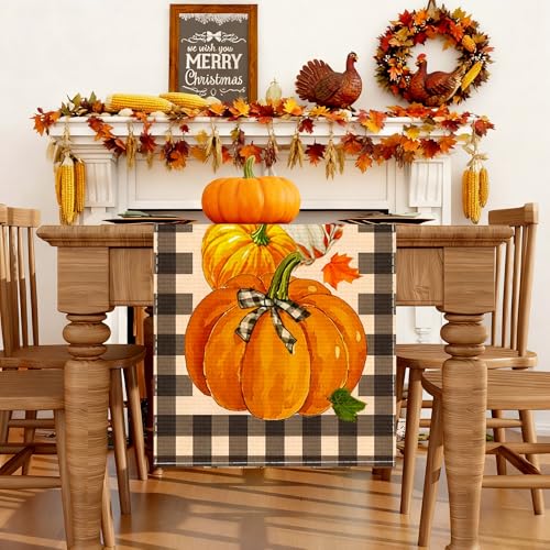 Thanksgiving Fall Table Runner 13x72 Inches Buffalo Plaid Pumpkin Decor