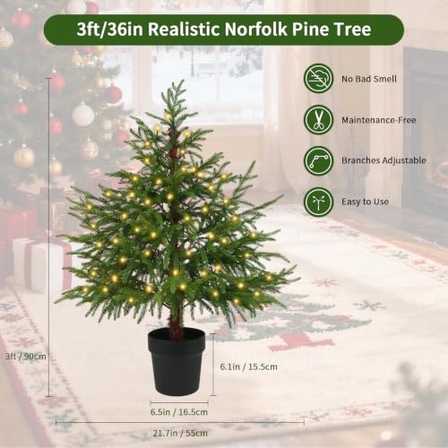 3 ft Pre-Lit Norfolk Pine Christmas Tree with 70 Warm LEDs, No Mess Premium PE