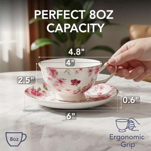 Multicolor Floral Tea Cups & Saucers Set of 6 - 8 oz Brew To A Tea