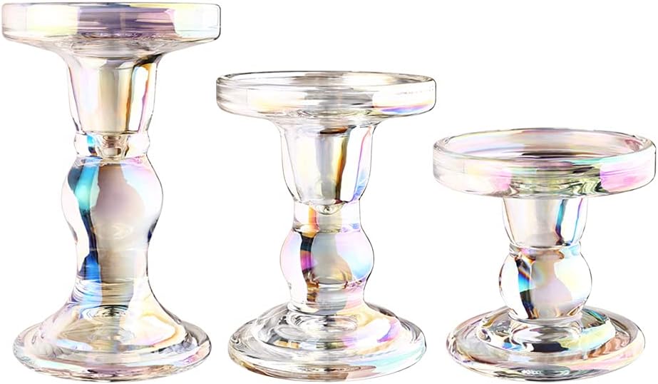 Skiennix 3-Piece Glass Candlestick Set - Elegant Crystal Holders for Weddings & Christmas | 7 Colors Available