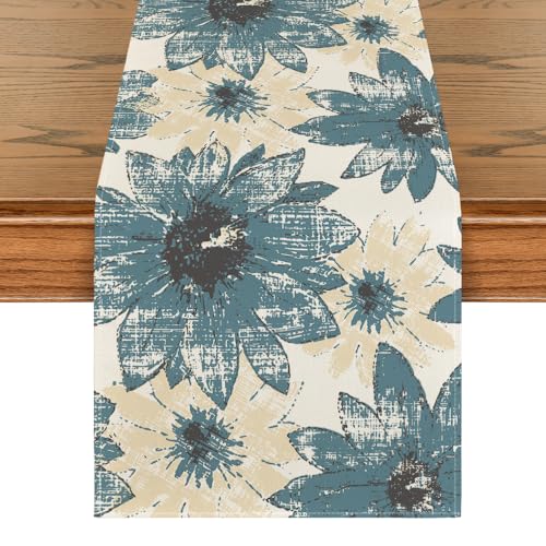 Artoid Mode Blue Retro Daisy Spring Table Runner 13x72 Inch Home Decor