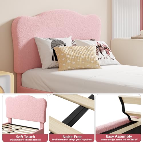 Twin Upholstered Platform Bed Frame with Scallop Headboard, Pink Berber Fleece