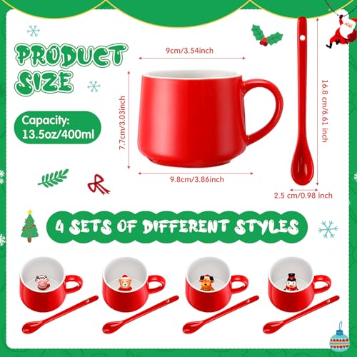 Cute Style Christmas Animal Coffee Mug Set, 13.5 oz with Spoons, 4-Piece