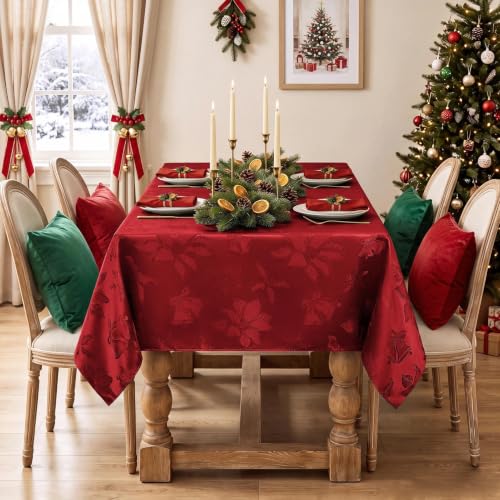 Softalker Christmas Jacquard Rectangle Tablecloth 60 x 144 Red, Flower Red — 100% Polyester