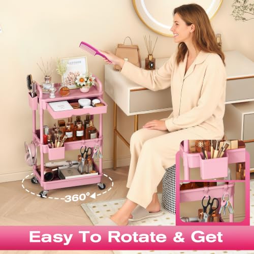Goovilla 3-Tier Pink Makeup Organizer Cart with Removable Drawer and Lockable Wheels