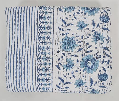 Handmade Kantha Quilt - Floral Print Cotton Twin Blanket