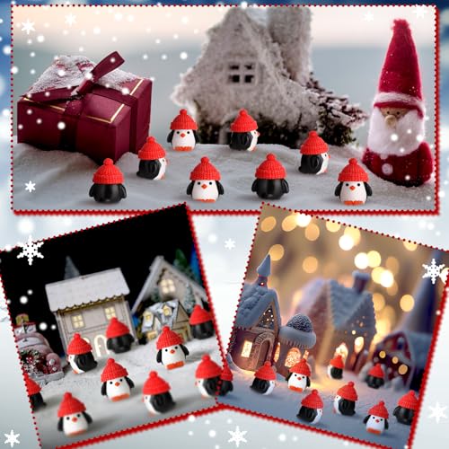 Soulchen 50 Pcs Mini Penguin Figurines with Red Hats for Christmas Decor, Resin Holiday Ornaments