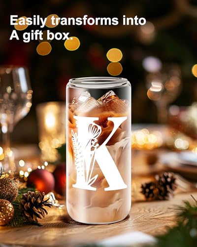Yekidos Personalized Glass Tumbler with Lid & Straw - Monogram Initial K, Teacher Appreciation Gift, Woman Retirement Present, Work Essentials
