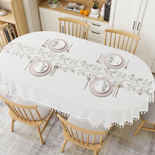 HOMBYS 102x60 Inch Oval Embroidered Tablecloth with Tassels - Natural, Wrinkle-Resistant Dust-Proof Cover for Kitchen & Dining