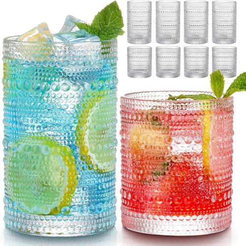 Vintage Hobnail Drinking Glasses Set of 8, Embossed Glass Tumblers