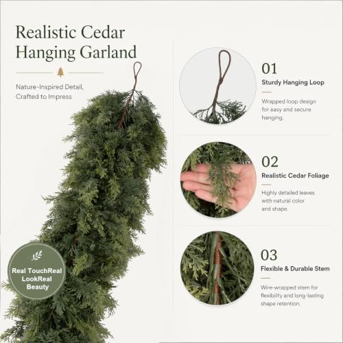 Rowfad 9FT Christmas Cedar Garland, 2 Pcs Real Touch Dark Green Holiday Decor