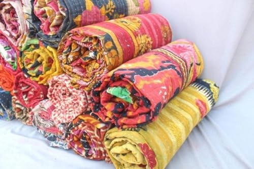 Reversible Kantha Quilt - Vintage Cotton Bedspread, 52x80 Inches