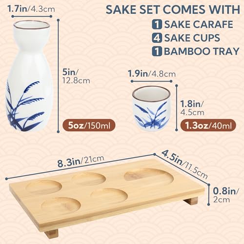 PUNNIO Ceramic Sake Set 5pcs - Japanese Wine & Drinkware with Carafe & Cups