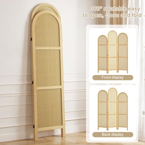 3-Panel Hand-Woven Rattan Room Divider, Tall Foldable Privacy Screen