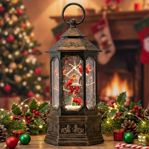 12-Inch Musical Christmas Snow Globe Lantern with Cardinals & LED Timer