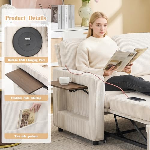 3-in-1 Convertible Chenille Loveseat Sleeper Sofa with Foldable Side Table