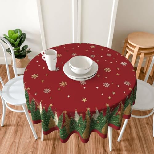 GOLIANDA Christmas Red Green Gold Tree Round Tablecloth 70 Inch Winter Snowflake Decorative Cover