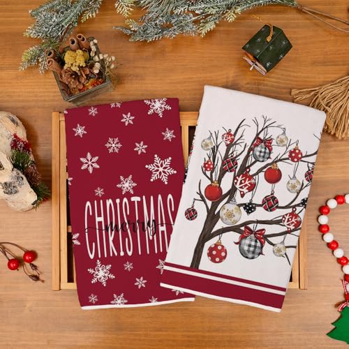 DineDia Dark Red Merry Christmas Kitchen Towels Set of 2 – 18x26, Snowflake Bells