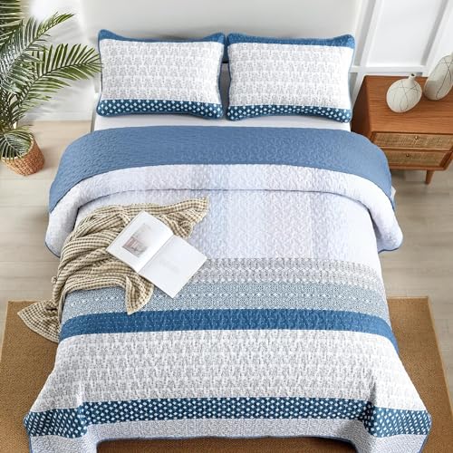 Blue Boho Striped Quilt Set King Size - 3-Piece Reversible Coverlet
