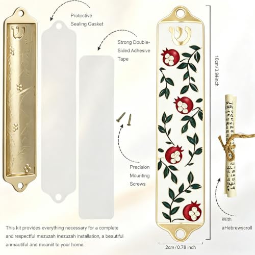 Enamel Mezuzah Case with Scroll, 3.9-inch Pomegranate Vine Design