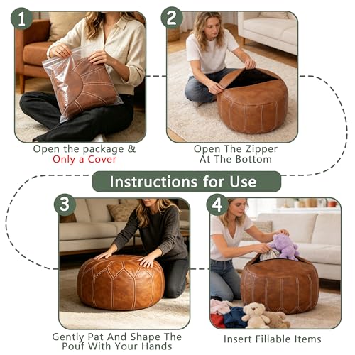 Round Faux Leather Unstuffed Pouf Ottoman - Boho Moroccan Foot Stool