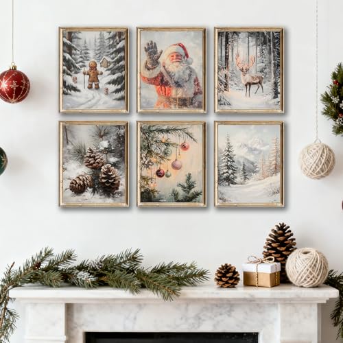 WINDVALE Santa & Reindeer Print Set – 6x8x10 Rustic Christmas Wall Art 8x10, Unframed