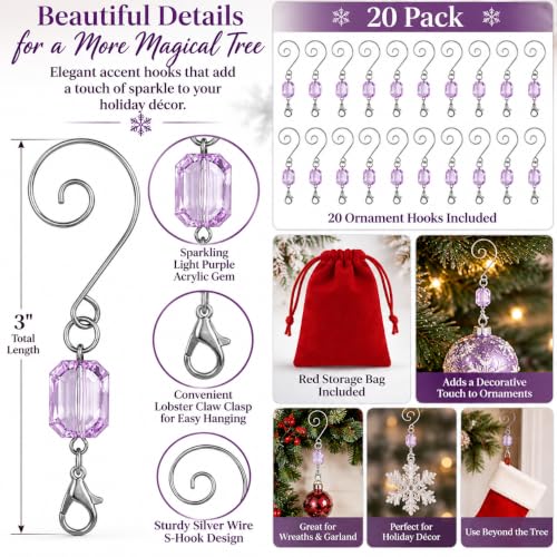 BANBERRY DESIGNS 20 Pack Light Purple Acrylic Gem Christmas Ornament Hooks, 3 Inch Tree Hangers