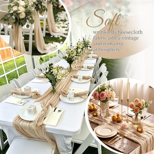 QMDBUI 12 Pack Beige Cheesecloth Table Runners 17 x 108 Inch for Wedding & Party