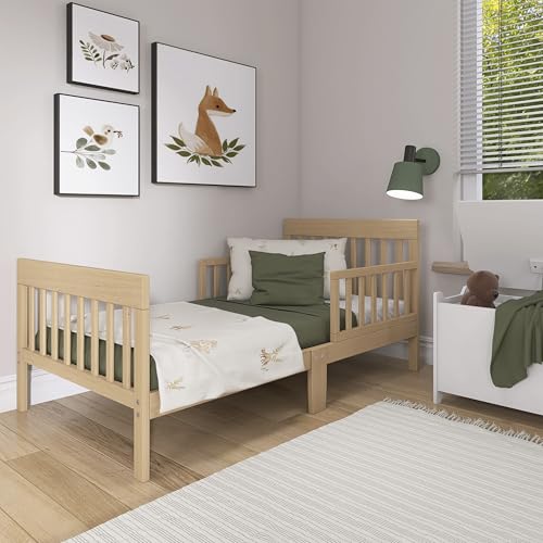 Low to Floor Wooden Toddler Bed Frame with Dual Safety Guard Rails