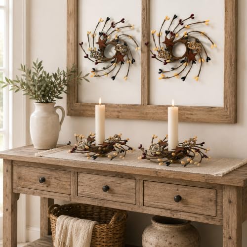 YLOLUL Primitive 4-Piece Mini Pip Twig Candle Ring Wreath Set - Rustic Decor