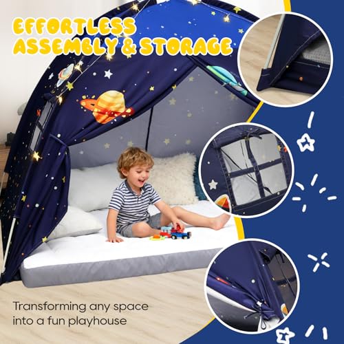 Kids Twin Bed Tent Canopy with Star Lights - Indoor Blackout Privacy Playhouse