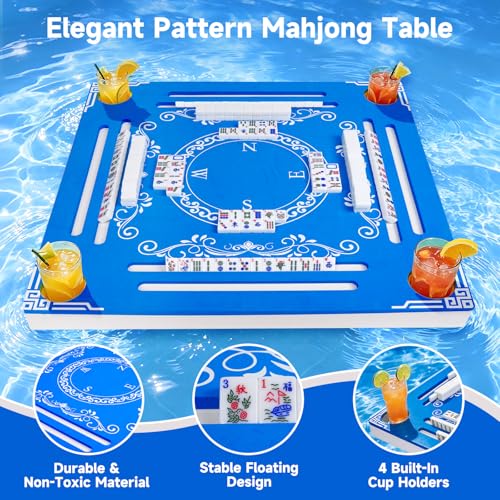32-Inch Floating Mahjong Table for Pools, Double-Sided Game Mat with Cup Holders