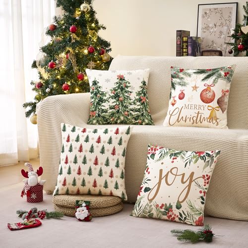 YOSICHY Christmas Pillow Covers 18x18 Inch Set of 4 Red Green Holiday Decor