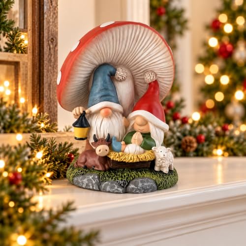 Hodao Mushroom Nativity Scene Gnome Figurine - Whimsical Christmas Manger Decoration