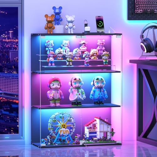3-Tier Glass Display Cabinet with RGB LED Lights, Lock, and USB Charging