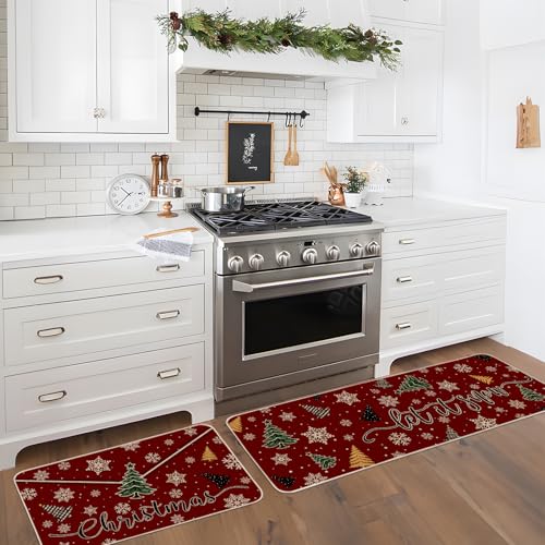 Moutina Let It Snow Christmas Kitchen Rugs Set of 2, Red 17x29 & 17x47 Inch