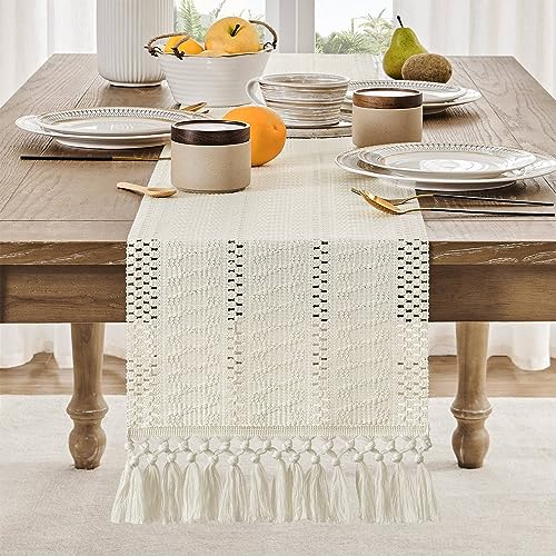 ZeeMart Ivory Macrame Style Boho Table Runner 12x36 Inch - Rustic Home Decor