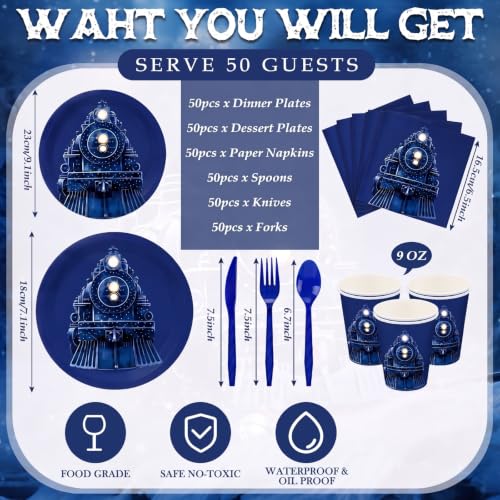 Blushtier 50-Piece Polar Christmas Party Tableware Set — Train Variation, Blue Holiday Dinnerware for 50 Guests