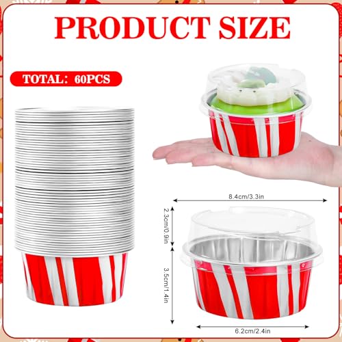 FYSUIMU 60 Pcs Christmas Aluminum Cupcake Liners with Lids 5oz - Red & White