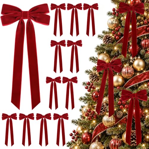Milimot 12 Pcs Red Velvet Christmas Bows - 5 x 10 Inch, Red / 1 inch Ribbon