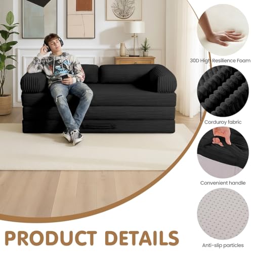 5-in-1 Corduroy Convertible Sofa Bed, Tri-Fold Futon Sleeper Couch