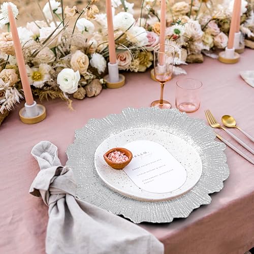 Teruntrue 50 Pcs Silver Charger Plates 13 Inch Reef Design Tableware for Weddings & Events