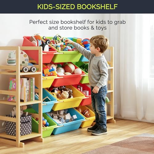 Large Solid Wood Toy Storage Organizer with 12 Bins and Bookshelf