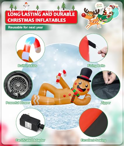EAONE 10 FT Inflatable Gingerbread Man Lying Flat Christmas Yard Decoration with LED Lights