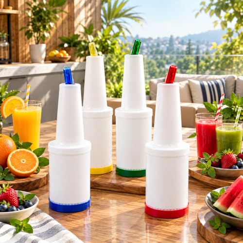 Trendy Bartender 4-Pack 32oz Color-Coded Juice Bottles with Lids for Bar & Home Use
