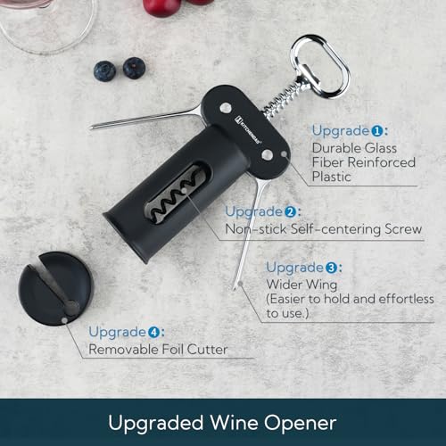 KITCHENDAO Black 3-in-1 Wing Corkscrew & Bottle Opener - Easy Wine & Beer Opening